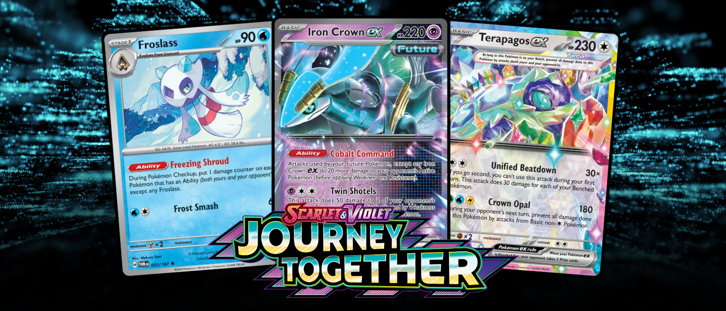 Scarlet and Violet: Journey Together expansion ad for Pokémon showing Frolass, Iron Crown ex and Terapagos ex cards